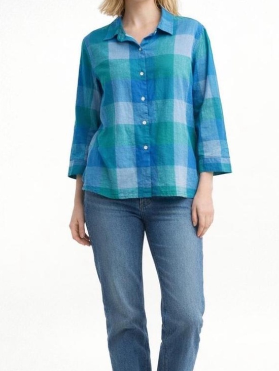 Tops - Blue & Teal Linen Blend Blouse Plaid Button-Up Shirt Size M